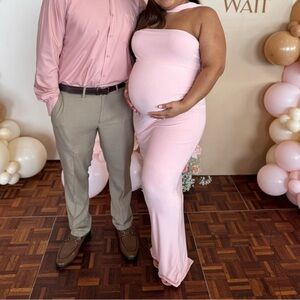 CLUB LONDON PINK HIGH-NECK MATERNITY MAXI DRESS US12